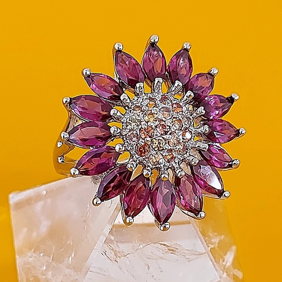 Natural Rhodolite 6x3mm & Sapphire 925 Sterling Silver Sunflower Ring Sz 8 - Picture 9 of 10